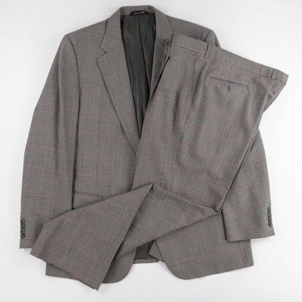 Burberrys Vintage 2-Pc Gray Windowpane Plaid Wool Suit blazer 45L pant 40 x 31.5